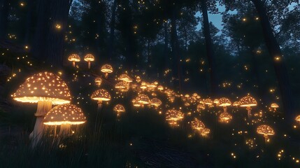 Glowing Mushrooms Illuminate Dark Forest Night