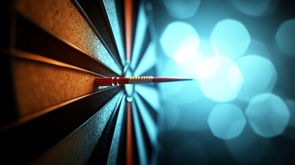 Dartboard Bullseye Striking Precisely Blue Light Background. AI Generated