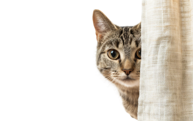 Adorable Cat Sneaking a Peek from Behind the Curtain Isolated on transparent background PNG