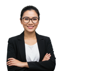 A professional woman with dark hair tied back, wearing glasses, a black blazer, and a white shirt, standing with arms crossed isolated on transparent background