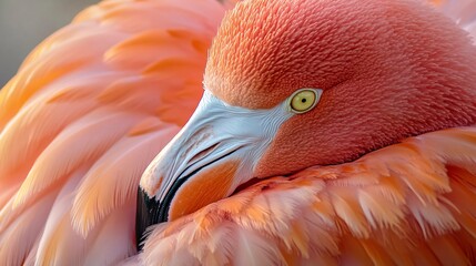 Close-up of a flamingo with vibrant pink plumage, showcasing its intricate feather details and striking eye.