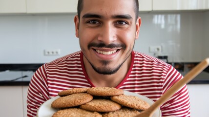 A smiling Hispanic man proudly holds a plate of freshly baked cookies in his kitchen, showcasing his culinary achievement.