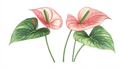 Two vibrant anthurium flowers with lush green leaves, showcasing a blend of pink and green tones.
