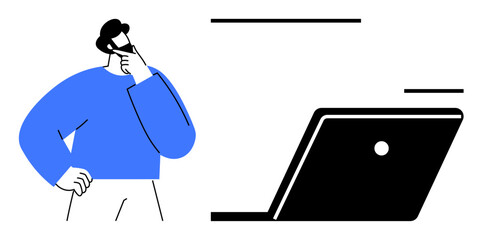 Bearded individual in blue sweater thoughtfully looks at a black laptop, suggesting themes of technology, decision-making, brainstorming, problem-solving, digital age, modern work, innovation. Ideal