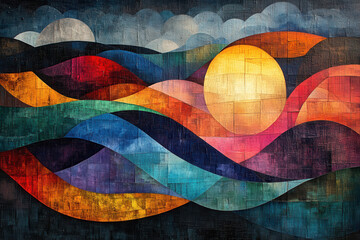 Abstract artwork of colorful waves and a radiant sun, symbolizing spiritual energy, divine presence, and the flow of life