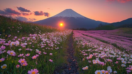 Mount Fuji Sunset and Flower Field