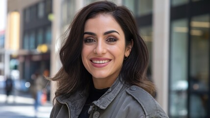 A smiling Middle-Eastern woman in a stylish jacket stands confidently on a city street, radiating warmth and joy with the urban backdrop.