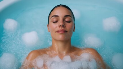 A serene woman enjoys a relaxing bath in a turquoise tub with ice cubes floating around, embodying tranquility and refreshment.
