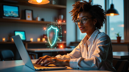 African American woman using a laptop with a digital security shield displayed on the screen, concept of cybersecurity in personal workspaces