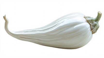 A unique white eggplant with smooth, glossy skin and a curled tail, showcasing its unusual shape.