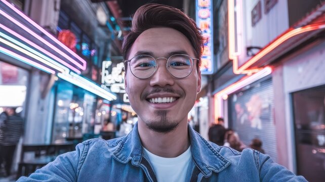 A cheerful young Asian man with glasses smiles brightly in a vibrant, neon-lit street, capturing the energy of nightlife.