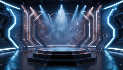 Situated within a modern event space, a beautifully designed stage glows with dramatic lighting, preparing for an exciting show that promises to mesmerize its audience