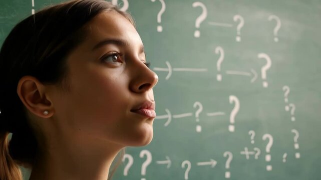 A thoughtful woman staring at a chalkboard covered with equations and symbols. Great for education, learning, or intellectual themes.