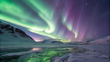 Fototapeta premium Aurora Borealis over Frozen Lake Landscape Photography, Night Sky, Green and Purple Aurora, Mountains, Stars, Winter. Aurora, Landscape Photography