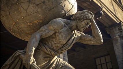 Atlas Statue Stone Sculpture, Globe Burden, Weathered Texture, Classical Mythology. sculpture, atlas