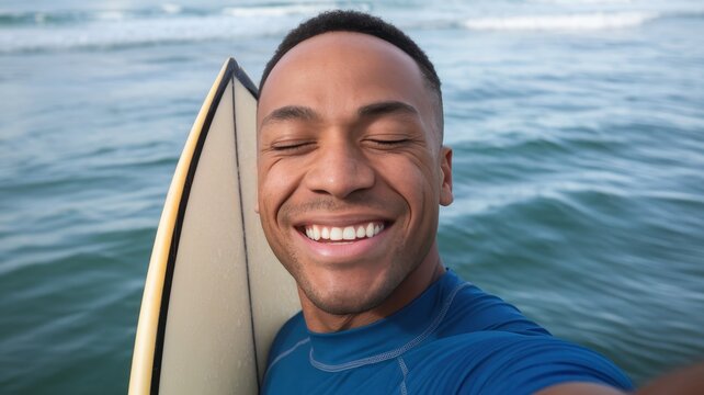Happy African American male surfer smiling joyfully while holding his surfboard, against a vibrant ocean backdrop.