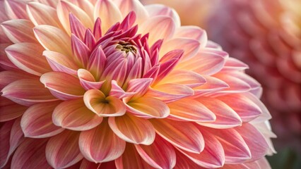 Fototapeta premium Close-up Pink Dahlia Bloom Soft Peach and Rose Petals, Macro Photography, Floral Art, Flower Detail, Dahlia, Macro Dahlia, Flower Photography