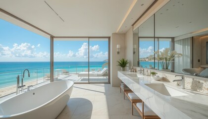 Fototapeta premium This modern bathroom features a freestanding tub and expansive windows that overlook a breathtaking beach. Sunlight fills the space, enhancing relaxation and tranquility