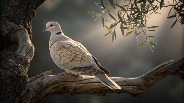 Collared Dove on Olive Branch Golden Hour Portrait, Wildlife Photography, Bird, Nature Bird photography, Collared Dove - Powered by Adobe