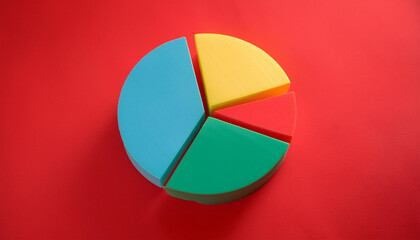 Fototapeta premium Colorful 3D pie chart on red background. Perfect for visual data representation and infographic use