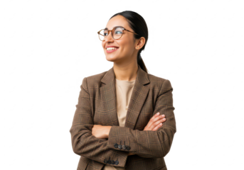 A confident woman with glasses, wearing a brown plaid blazer and a beige shirt, arms crossed isolated on transparent background