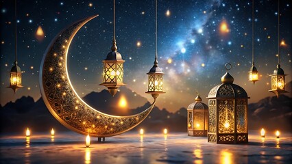 Ornate islamic lanterns hanging under a crescent moon at night