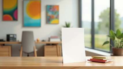 Naklejka premium A4 Paper Mockup in Office Setting, Open office countryside view bamboo desk A4 mockup vibrant setup photorealistic.