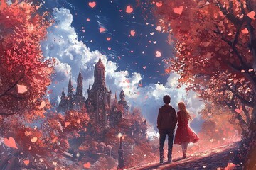 Couple walking hand in hand towards a charming church on valentine's day, surrounded by falling hearts and a dreamy, romantic atmosphere filled with love and joy