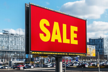 Creative digital billboard mock-up showcasing a bold sale announcement in a bustling urban environment during the daytime
