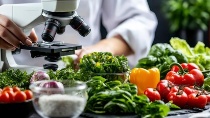 A scientist examines fresh vegetables under a microscope, highlighting the intersection of nutrition and scientific research.