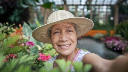 Smiling elderly woman of Asian descent in a large sun hat takes a selfie amidst vibrant flowers in a greenhouse.