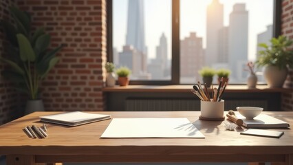 A4 Paper Mockup in Office Setting, Workspace brick walls skyline A4 mockup with creative tools photorealistic.