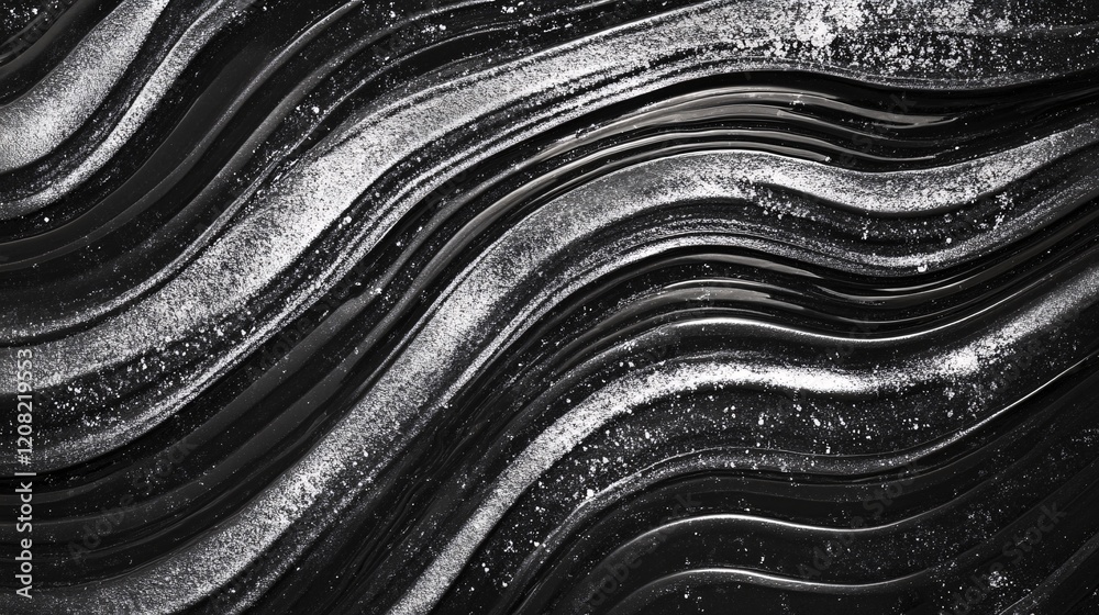 Poster abstract black and white waves with shimmering textures creating a striking visual effect.