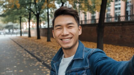 A smiling young Asian man takes a selfie outdoors in a picturesque park with autumn leaves covering the ground, exuding confidence and joy.