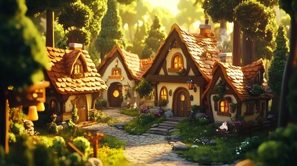 Fototapeta premium A cozy village with animated cottages and cobblestone streets