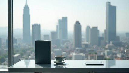 A5 Book Mockup, City skyline with A5 book on a steel table photorealistic.