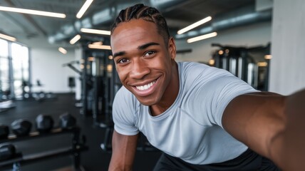 A smiling African American male in gym attire takes a selfie in a modern gym filled with fitness equipment.