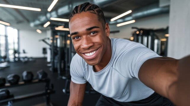 A smiling African American male in gym attire takes a selfie in a modern gym filled with fitness equipment. - Powered by Adobe