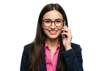 A cheerful professional woman with long dark hair, wearing glasses, a dark blue blazer, and a pink blouse, holding a phone to her ear isolated on transparent background