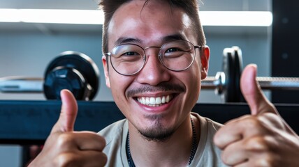 A cheerful young Asian man giving two thumbs up in a gym, surrounded by fitness equipment, radiating positivity and enthusiasm for a healthy lifestyle.