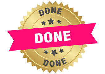 done. done round pink and gold label isolated on transparent background