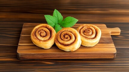 Fototapeta premium Delicious Cinnamon Rolls on Wood Board - Three golden-brown cinnamon rolls, garnished with fresh mint, rest on a rustic wooden cutting board.