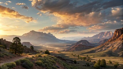 Obraz premium Sunset Over Canyon Landscape Wide Shot Composition, Dramatic Cloudscape, Golden Hour Light, Desert Vista. Landscape Photography, Nature