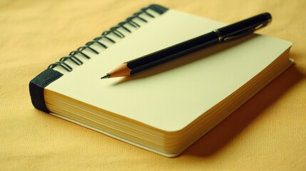 Blank spiral notebook, pencil, pen, beige fabric background; writing, planning