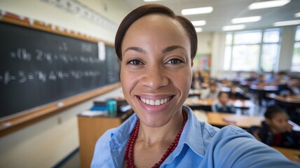 Smiling African American female teacher in a classroom, surrounded by engaged students, showcasing a bright and positive learning environment.