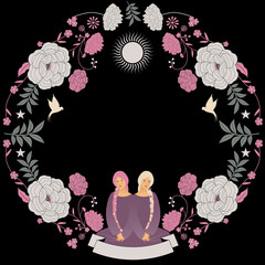 Ornamental rounded frame of flowers and animals for cover books, fables and fairy tales. Zodiac sign illustration