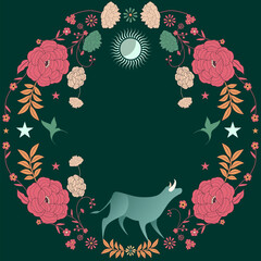 Ornamental rounded frame of flowers and animals for cover books, fables and fairy tales. Zodiac sign illustration