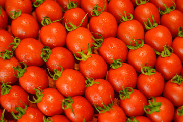 ripe juicy red tomatoes with leaves