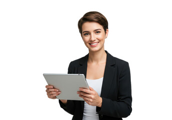 Fototapeta premium A smiling young woman with short brown hair, wearing a black blazer and white top, holding a tablet isolated on transparent background
