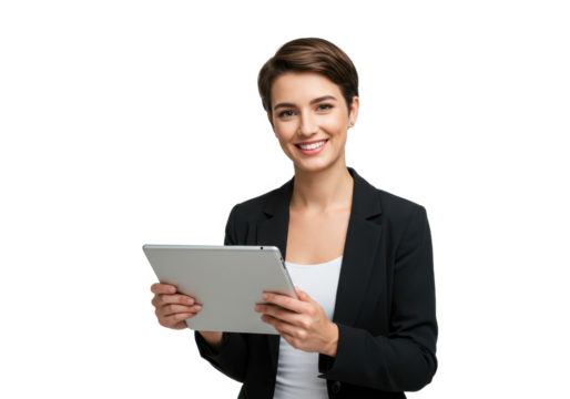 A smiling young woman with short brown hair, wearing a black blazer and white top, holding a tablet isolated on transparent background - Powered by Adobe
